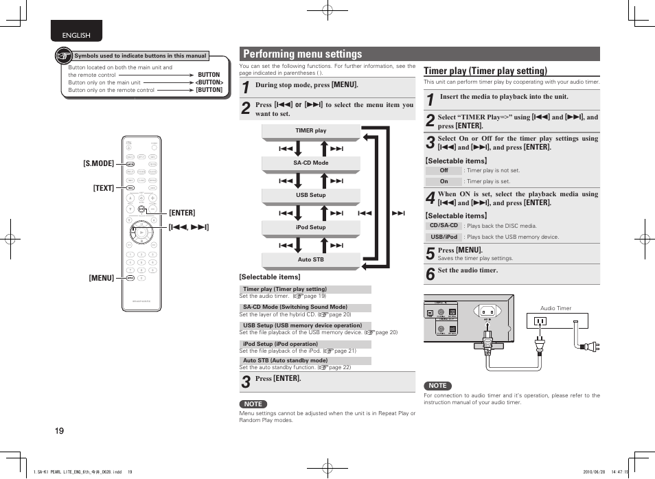 Performing menu settings, Timer play (timer play setting) | Marantz SA-KI Pearl Lite User Manual | Page 24 / 36