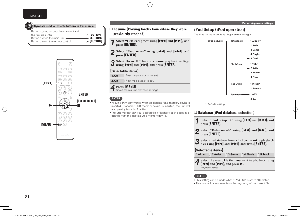 Ipod setup (ipod operation) | Marantz SA-KI Pearl Lite User Manual | Page 26 / 36