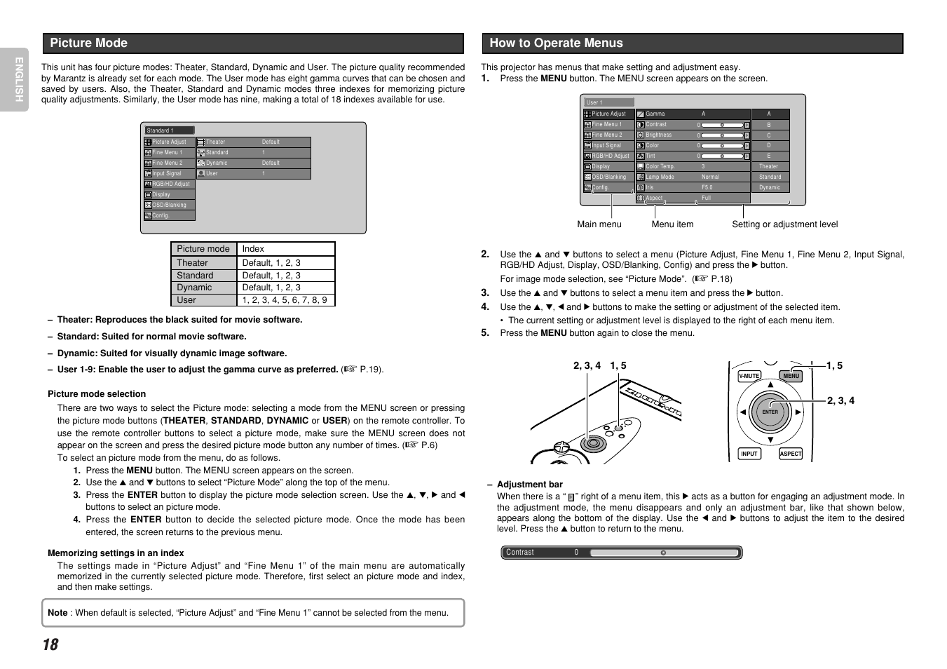 How to operate menus, Picture mode | Marantz VP-12S4 User Manual | Page 24 / 37