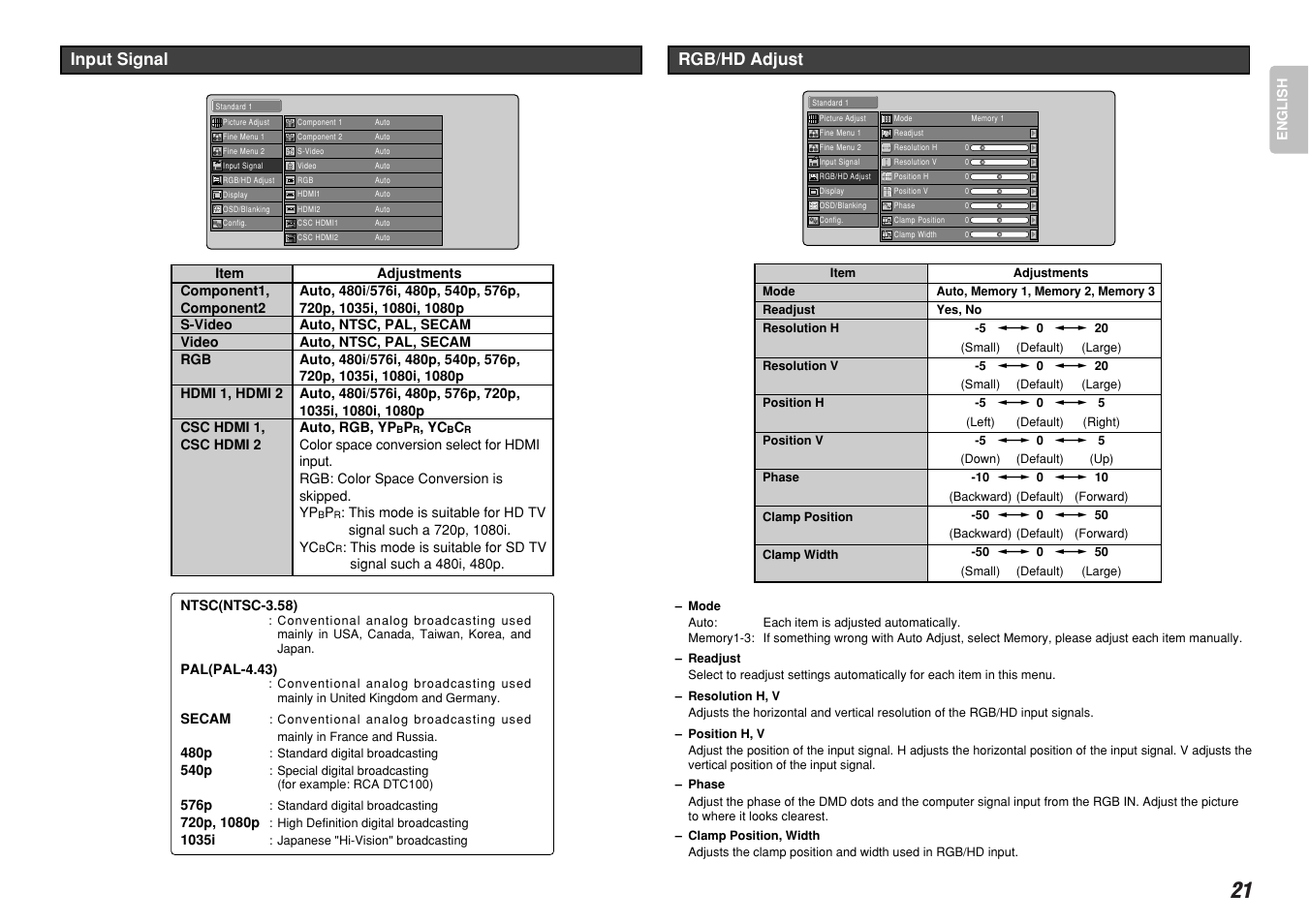 Input signal, Rgb/hd adjust | Marantz VP-12S4 User Manual | Page 27 / 37