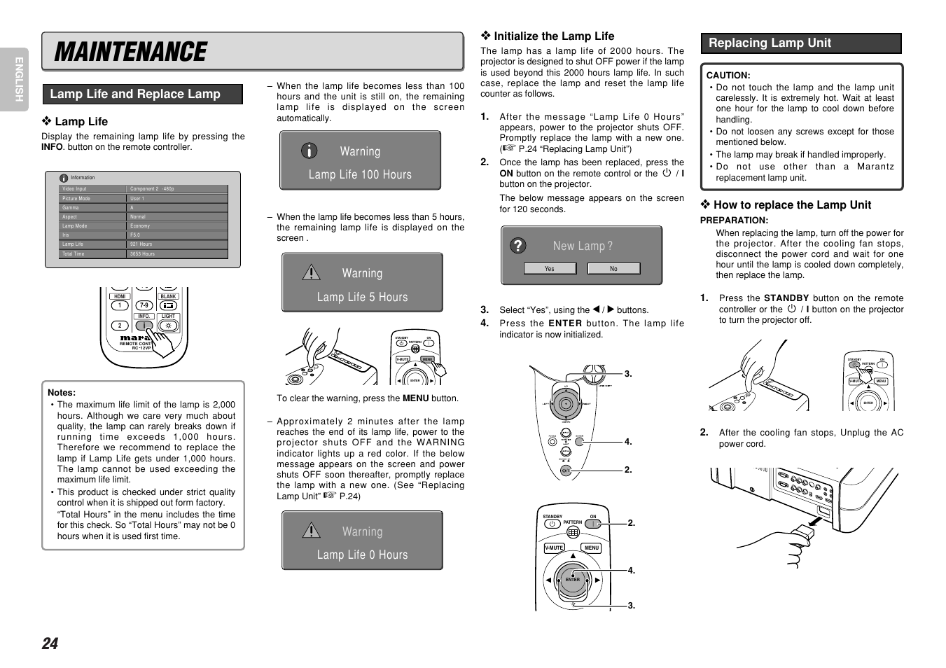 Maintenance, Replacing lamp unit, Lamp life and replace lamp | Lamp life 0 hours warning, New lamp | Marantz VP-12S4 User Manual | Page 30 / 37