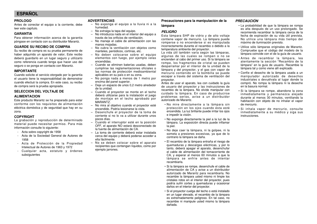 Español | Marantz VP-12S4 User Manual | Page 5 / 37