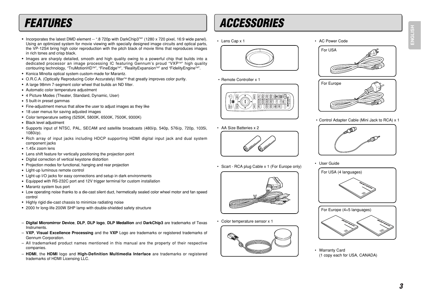Features, Accessories, Remo te contr oller rc - 12vps4 | Marantz VP-12S4 User Manual | Page 9 / 37