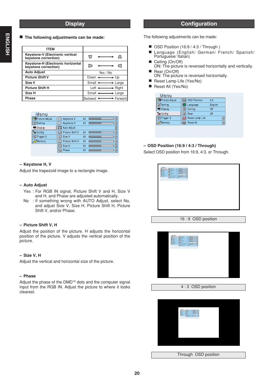 Configuration, Display, English | 16 : 9 osd position, 4 : 3 osd position, Through osd position | Marantz VP-12S1N User Manual | Page 22 / 31