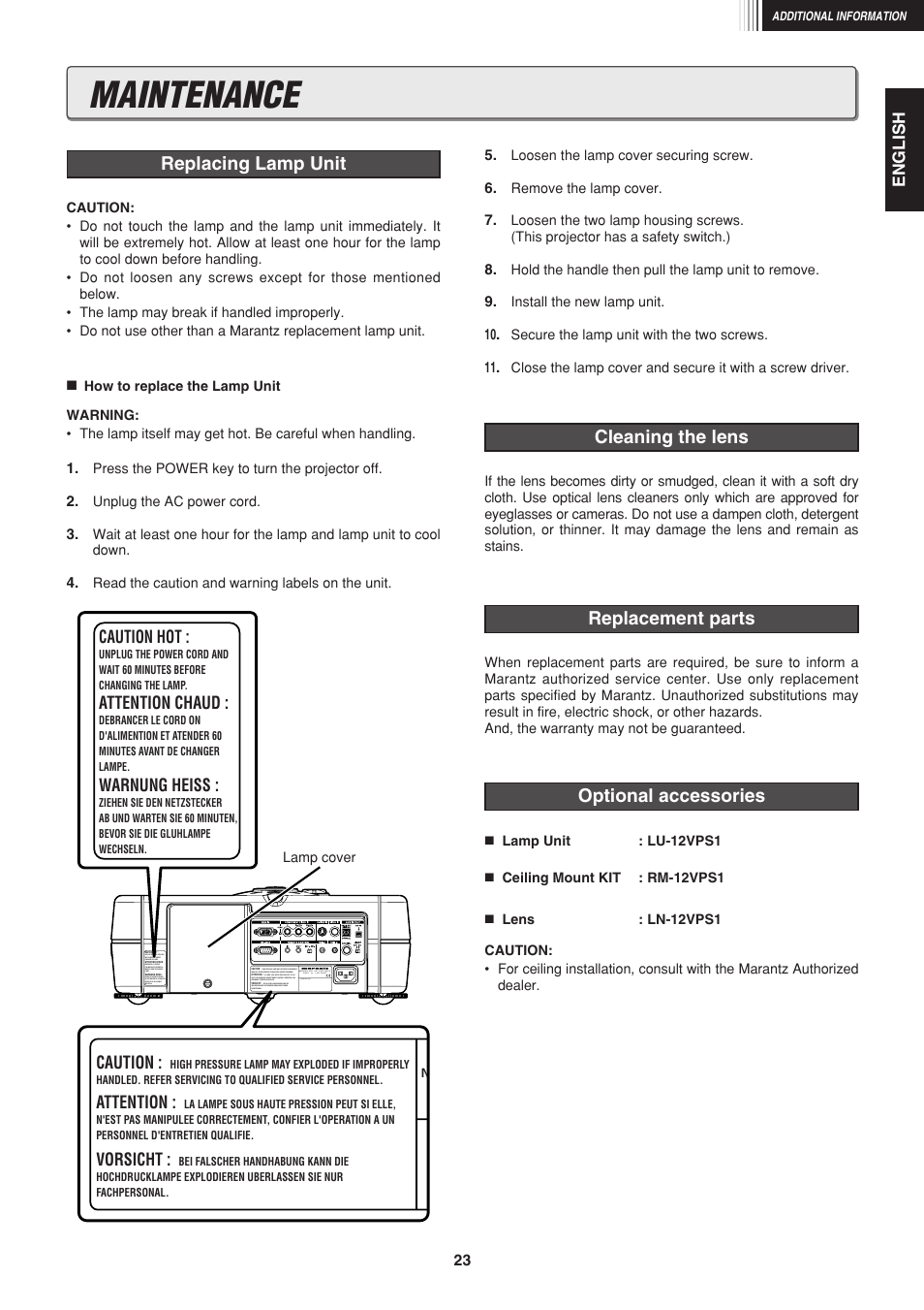 Maintenance | Marantz VP-12S1N User Manual | Page 25 / 31