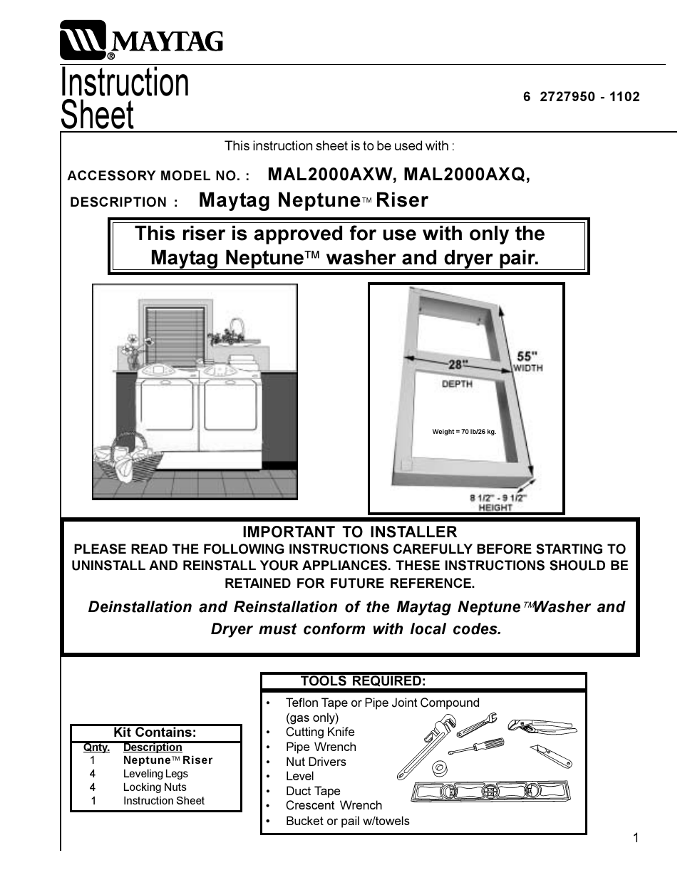 Maytag MAL2000AXW User Manual | 4 pages