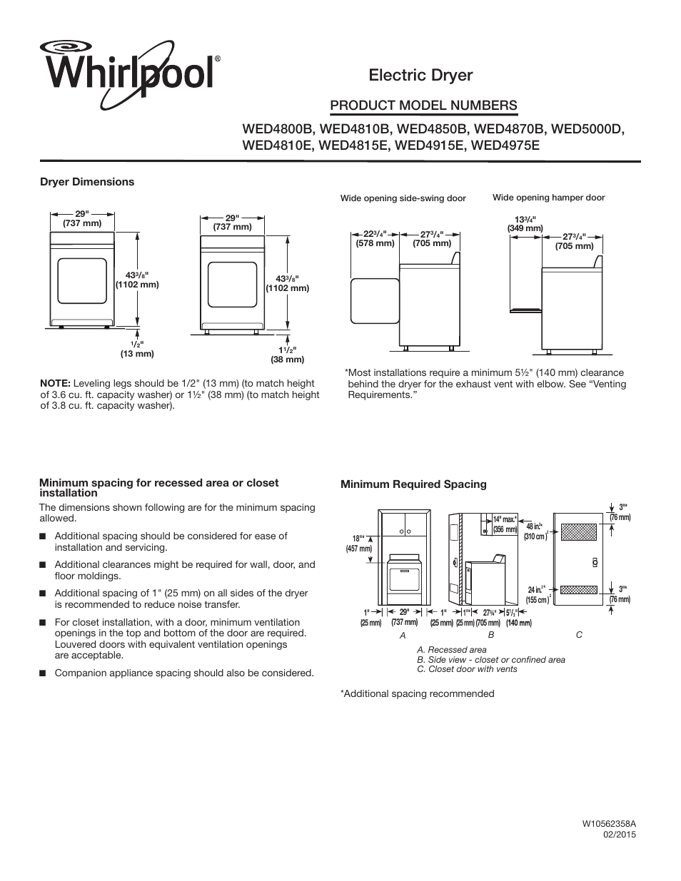 Maytag WED4800BQ Dimension Guide User Manual | 2 pages