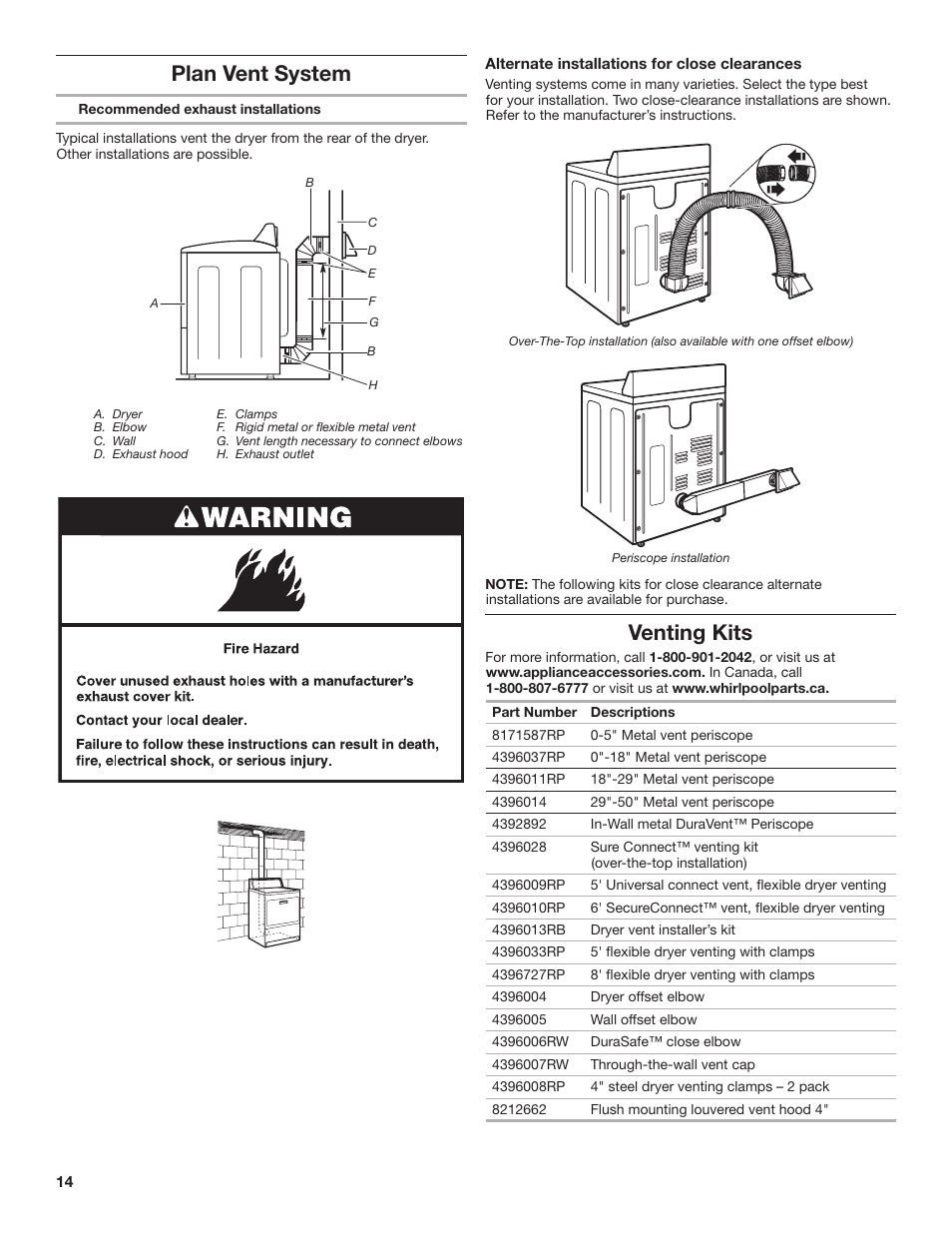 Plan vent system, Venting kits | Maytag WED4890BQ Installation User Manual | Page 14 / 20