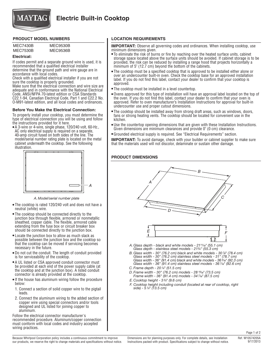 Maytag MEC9536BS Dimension Guide User Manual | 2 pages