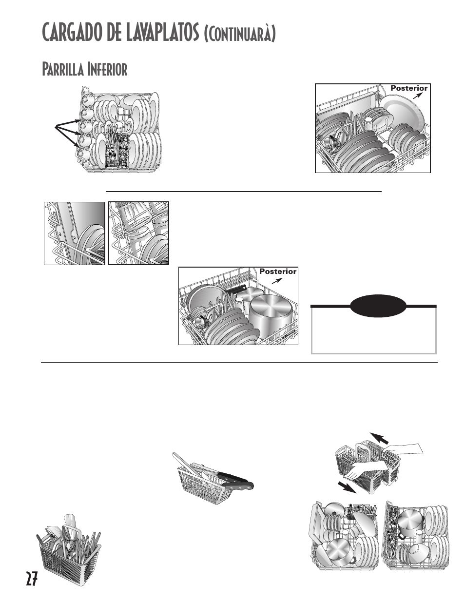 Cargado de lavaplatos, Continuarà), Parrilla inferior | Nota | Maytag MDB6100AWB User Manual | Page 28 / 36