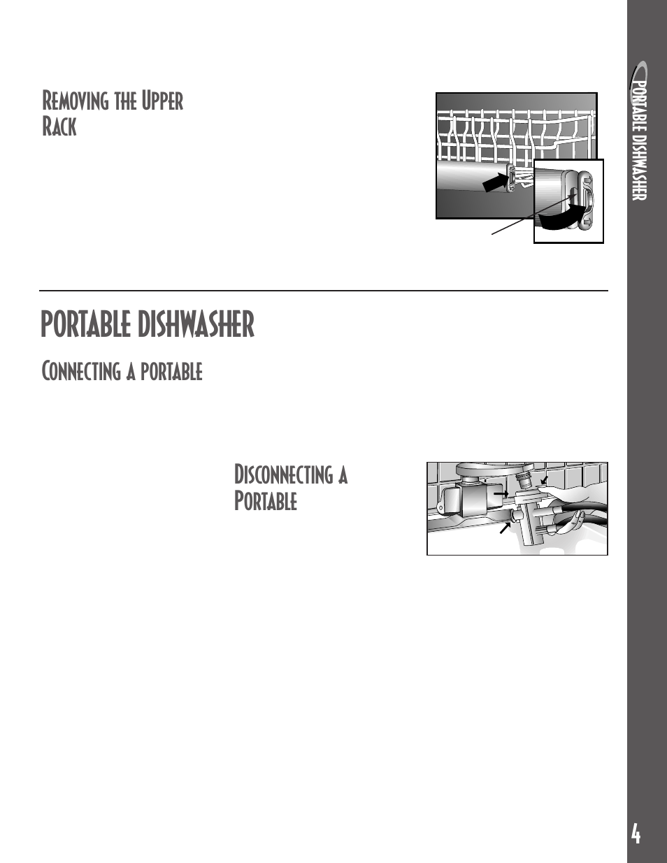 Portable dishwasher, Connecting a portable, Disconnecting a portable | Removing the upper rack | Maytag MDB6100AWB User Manual | Page 5 / 36