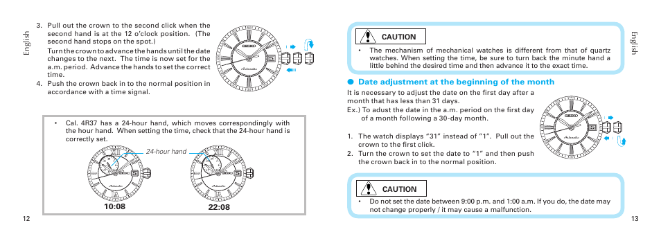 English, Date adjustment at the beginning of the month | Seiko 4R36 User  Manual | Page 7 / 14 | Original mode