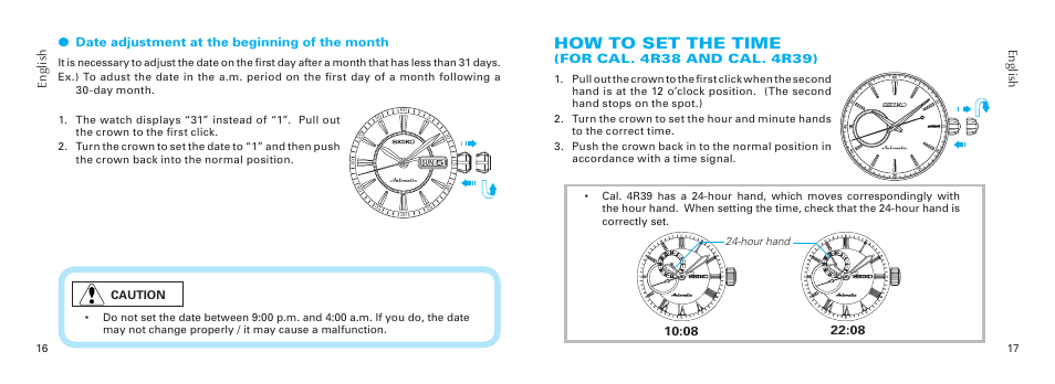 How to set the time | Seiko 4R36 User Manual | Page 9 / 14 | Original mode