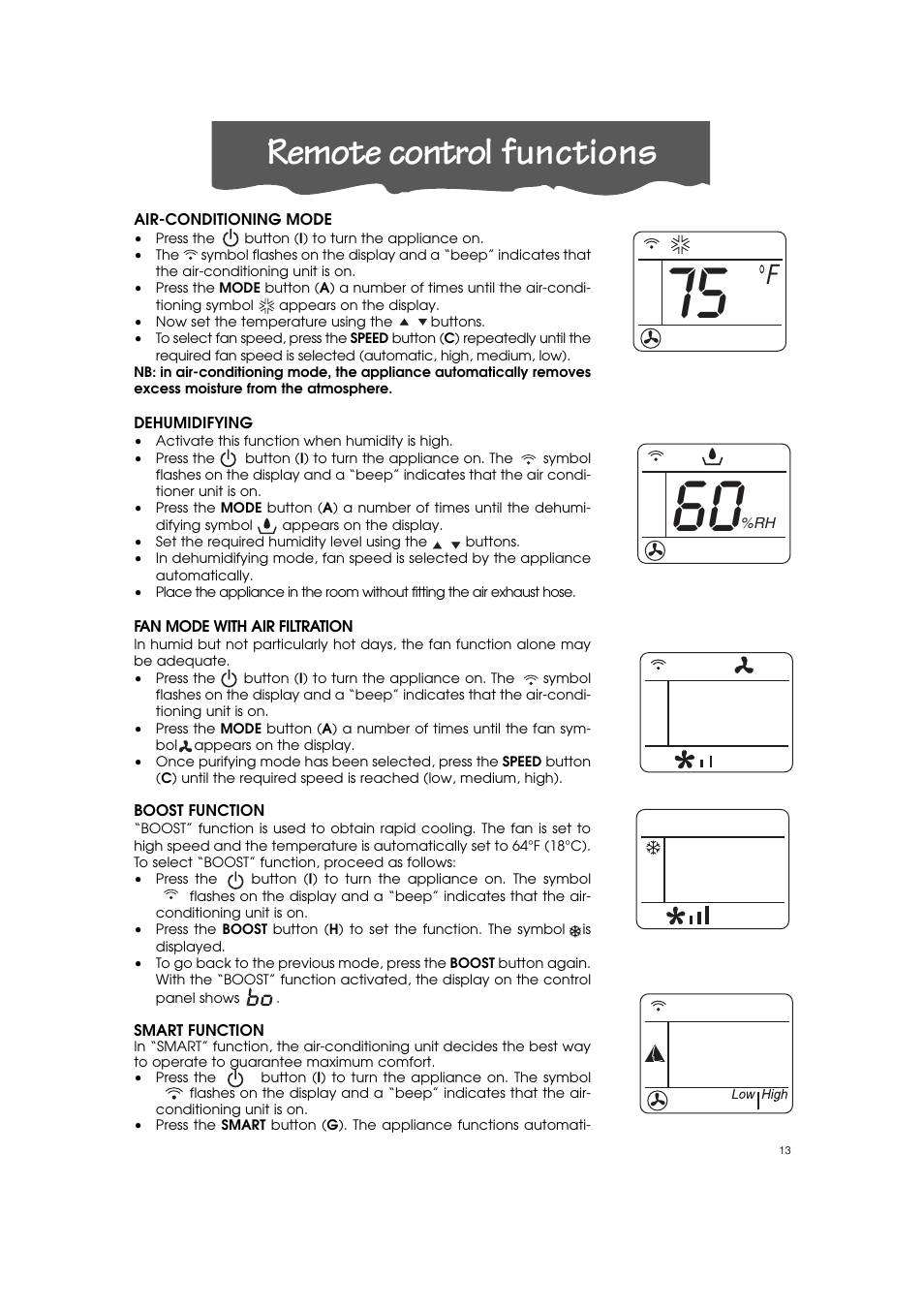 Remote control functions | DeLonghi PINGUINO PAC T110P User Manual