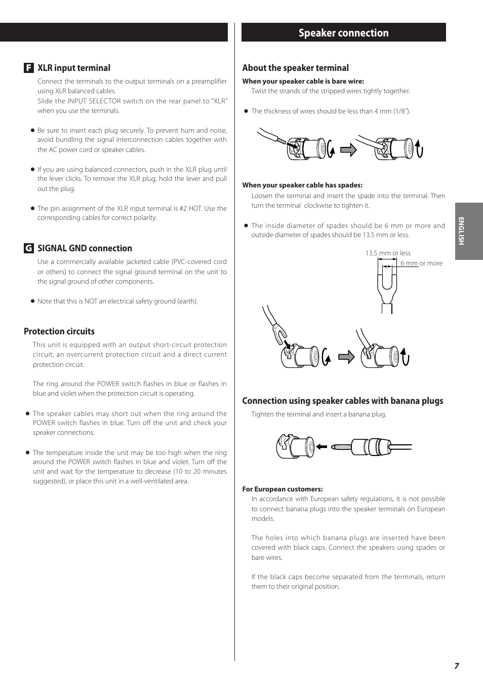 Speaker connection, Fxlr input terminal, Gsignal gnd connection | Protection circuits, About the speaker terminal, Connection using speaker cables with banana plugs | Teac A-03 User Manual | Page 7 / 28