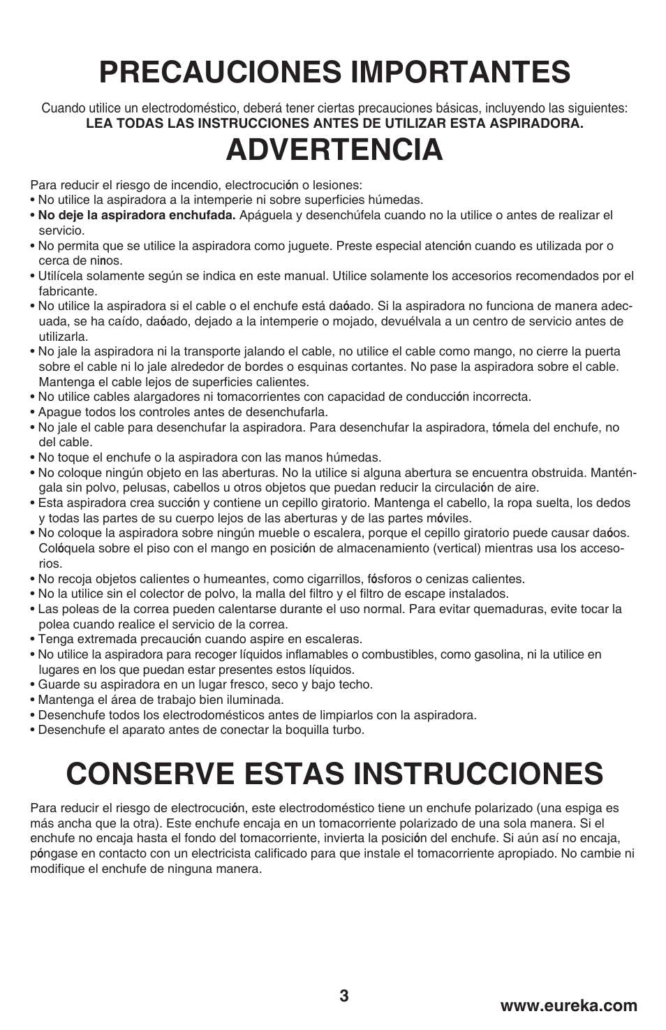 Precauciones importantes, Advertencia, Conserve estas instrucciones | Eureka  460 User Manual | Page 3 / 22