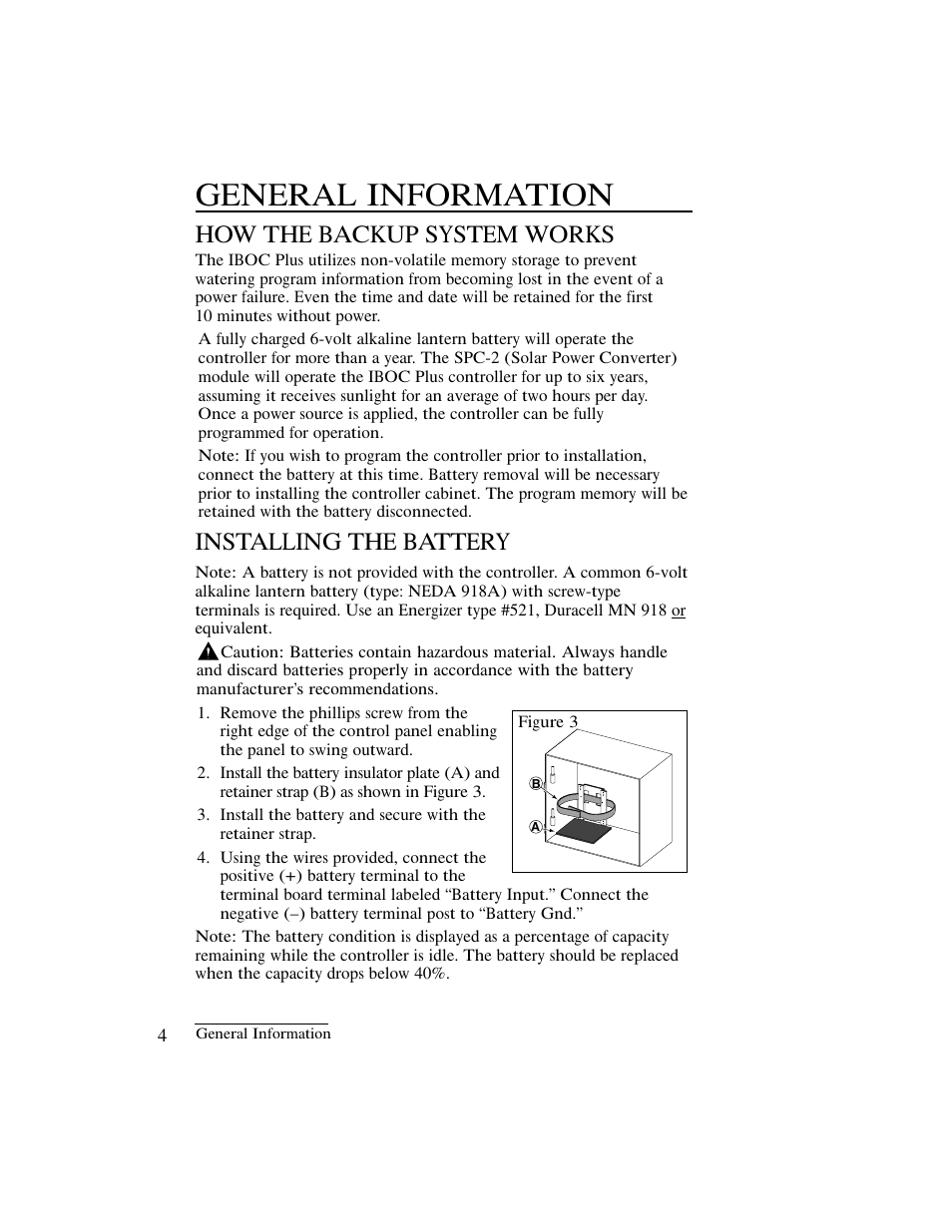 General information, How the backup system works, Installing the battery | Irritrol IBOC-Plus User Manual | Page 6 / 28