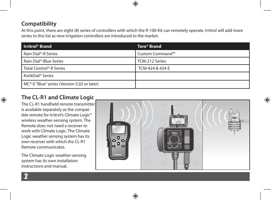 Compatibility, The cl-r1 and climate logic | Irritrol CRR User Manual | Page 2 / 36