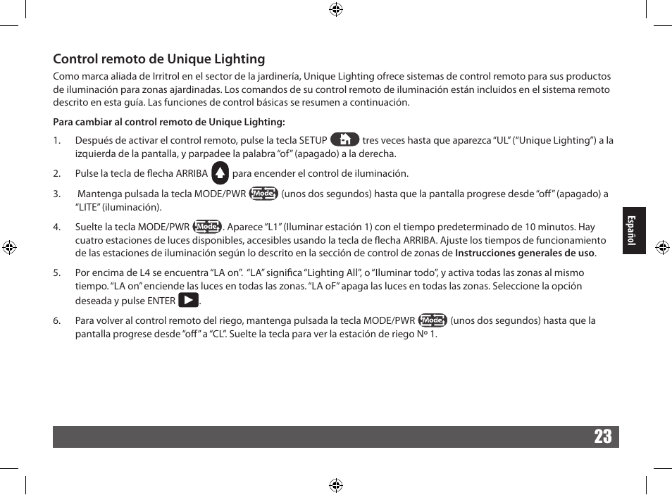 Control remoto de unique lighting | Irritrol CRR User Manual | Page 23 / 36