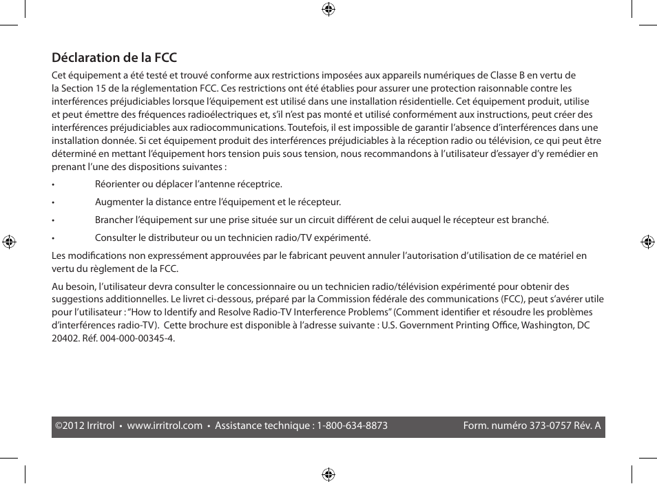 Déclaration de la fcc | Irritrol CRR User Manual | Page 36 / 36