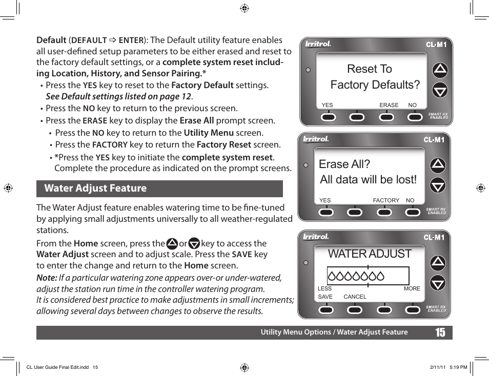 Reset to factory defaults, Water adjust, Erase all? all data will be lost | Water adjust feature | Irritrol Climate Logic User Manual | Page 15 / 24