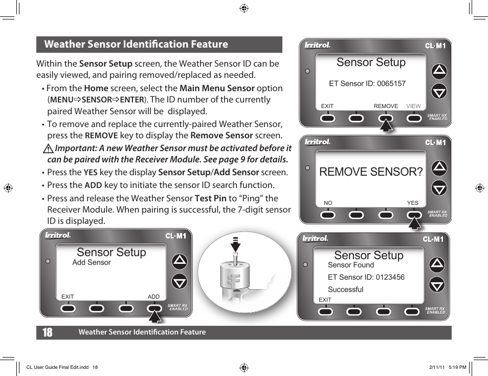 Sensor setup, Remove sensor, Weather sensor identification feature | Irritrol Climate Logic User Manual | Page 18 / 24