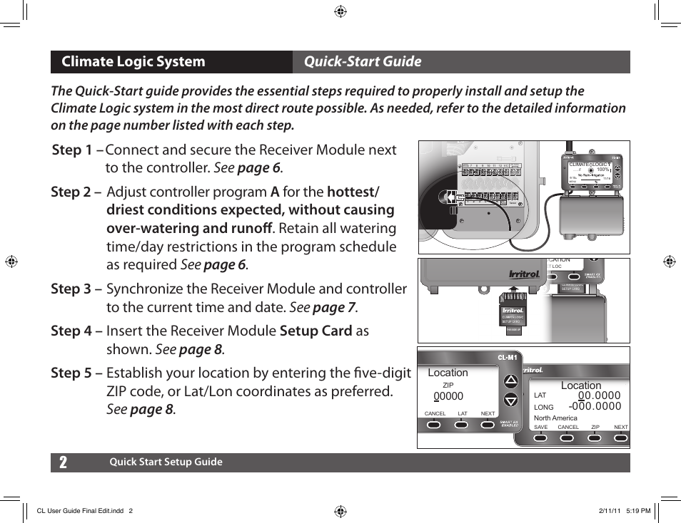 Climate logic, Climate logic system quick-start guide, Topic | Quick start setup guide, Location | Irritrol Climate Logic User Manual | Page 2 / 24