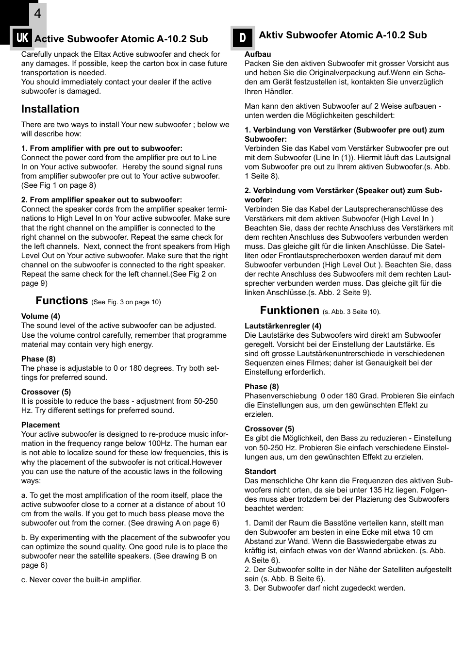 gullig transportabel At deaktivere Uk d, Funktionen, Installation | Eltax Atomic A-10.2 User Manual | Page 4 /  12 | Original mode