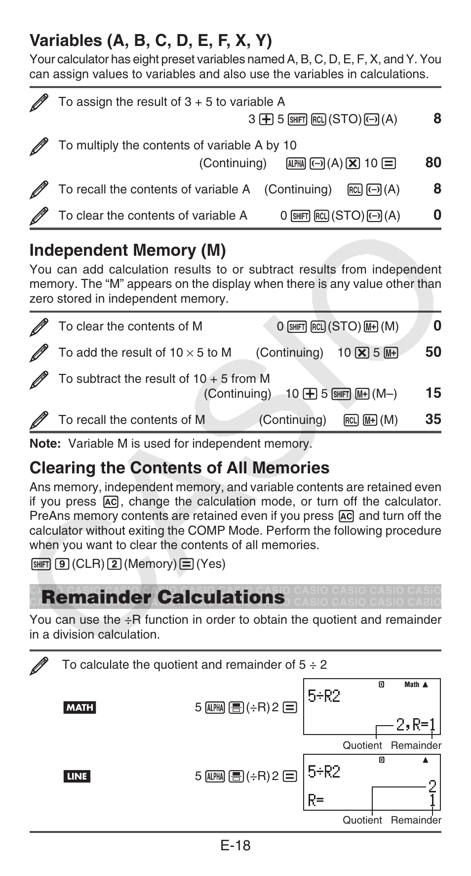 Remainder calculations, Variables (a, b, c, d, e, f, x, y) | Casio fx-115ES  PLUS User Manual | Page 19 / 59 | Original mode