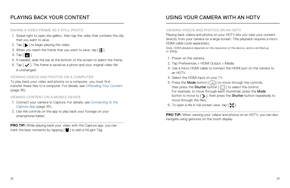 Using your camera with an hdtv, Playing back your content | GoPro Hero 5 Black User Manual | Page 17 / 47