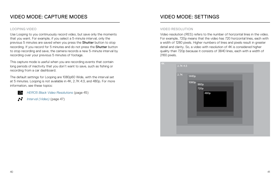 Video mode: settings, Video mode: capture modes | GoPro Hero 5 Black User Manual | Page 21 / 47