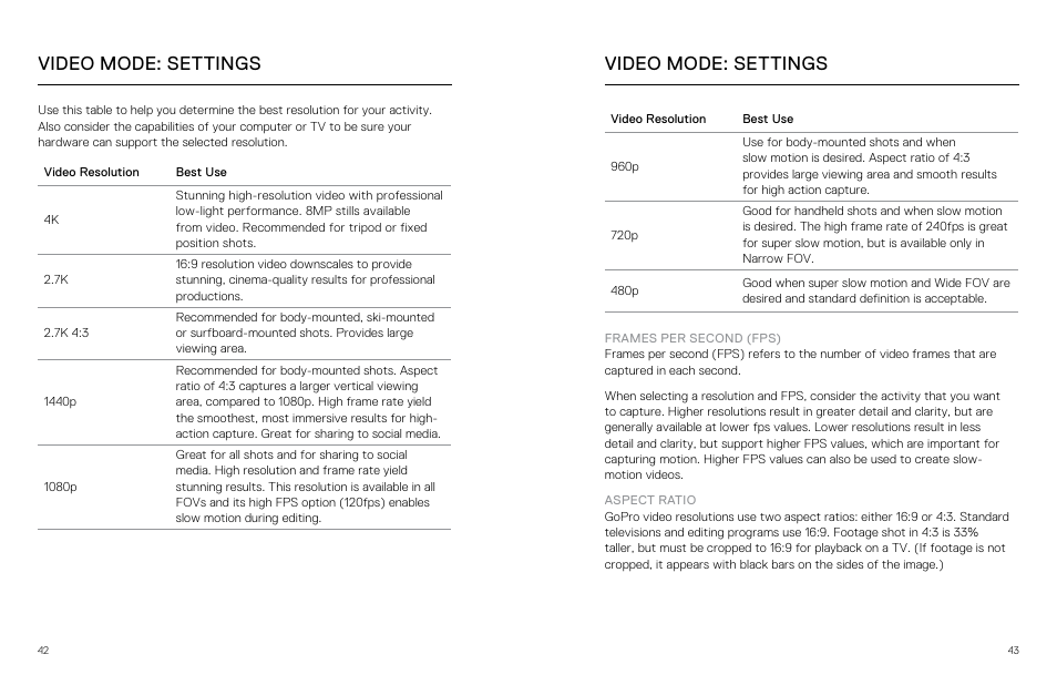 Video mode: settings | GoPro Hero 5 Black User Manual | Page 22 / 47