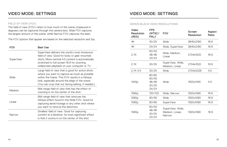 Hero5 black video resolutions, Video mode: settings | GoPro Hero 5 Black User Manual | Page 23 / 47
