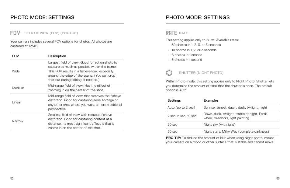 Photo mode: settings, Field of view (fov) (photos), Shutter (night photo) | GoPro Hero 5 Black User Manual | Page 27 / 47