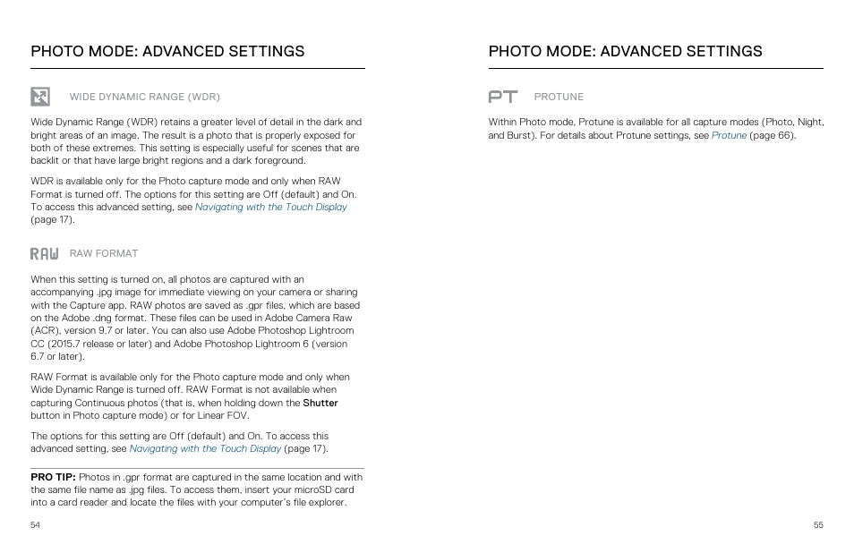 Photo mode: advanced settings, Wide dynamic range (wdr), Raw format | GoPro Hero 5 Black User Manual | Page 28 / 47