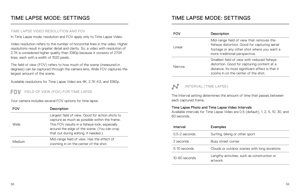 Time lapse mode: settings, Interval (time lapse), Field of view for time lapse | GoPro Hero 5 Black User Manual | Page 30 / 47