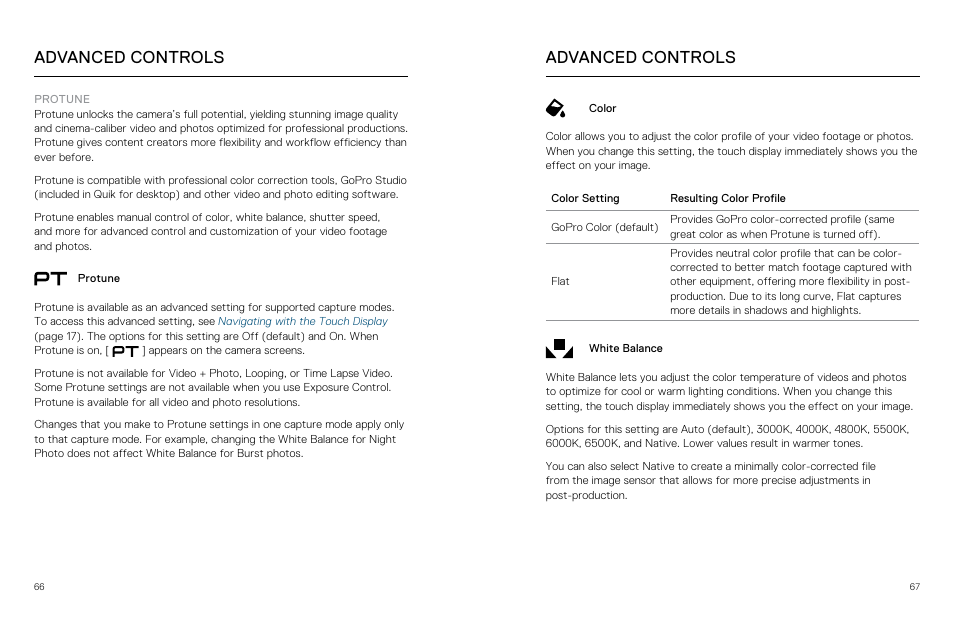 Protune, Advanced controls | GoPro Hero 5 Black User Manual | Page 34 / 47