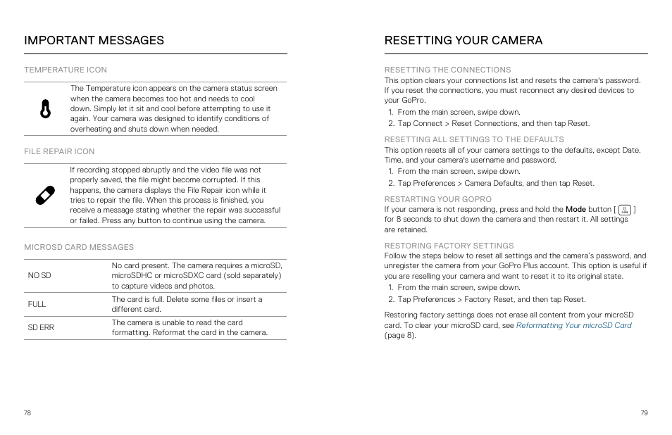 Important messages, Resetting your camera, Important messages resetting your camera | GoPro Hero 5 Black User Manual | Page 40 / 47