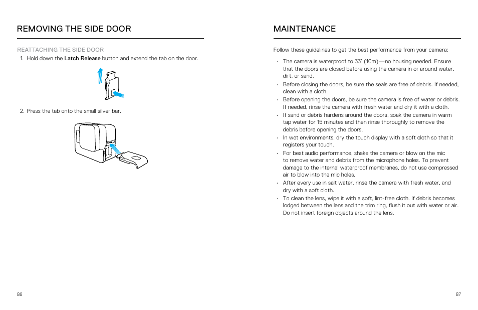 Maintenance, Maintenance removing the side door | GoPro Hero 5 Black User Manual | Page 44 / 47