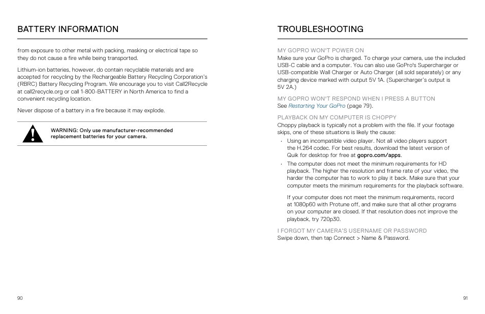 Troubleshooting, Battery information | GoPro Hero 5 Black User Manual | Page 46 / 47