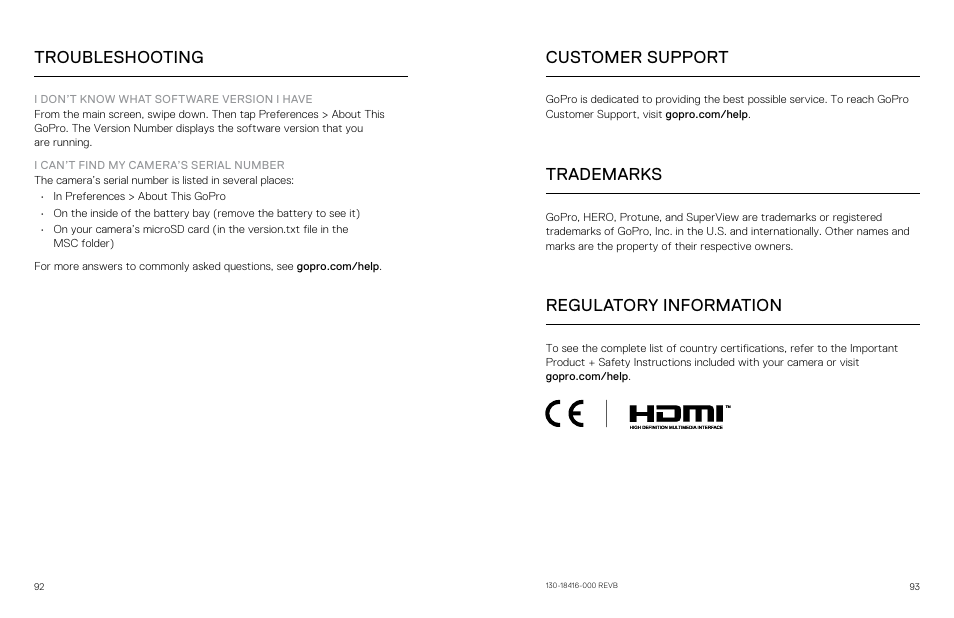 Customer support, Trademarks, Regulatory information | Troubleshooting, Customer support trademarks regulatory information | GoPro Hero 5 Black User Manual | Page 47 / 47