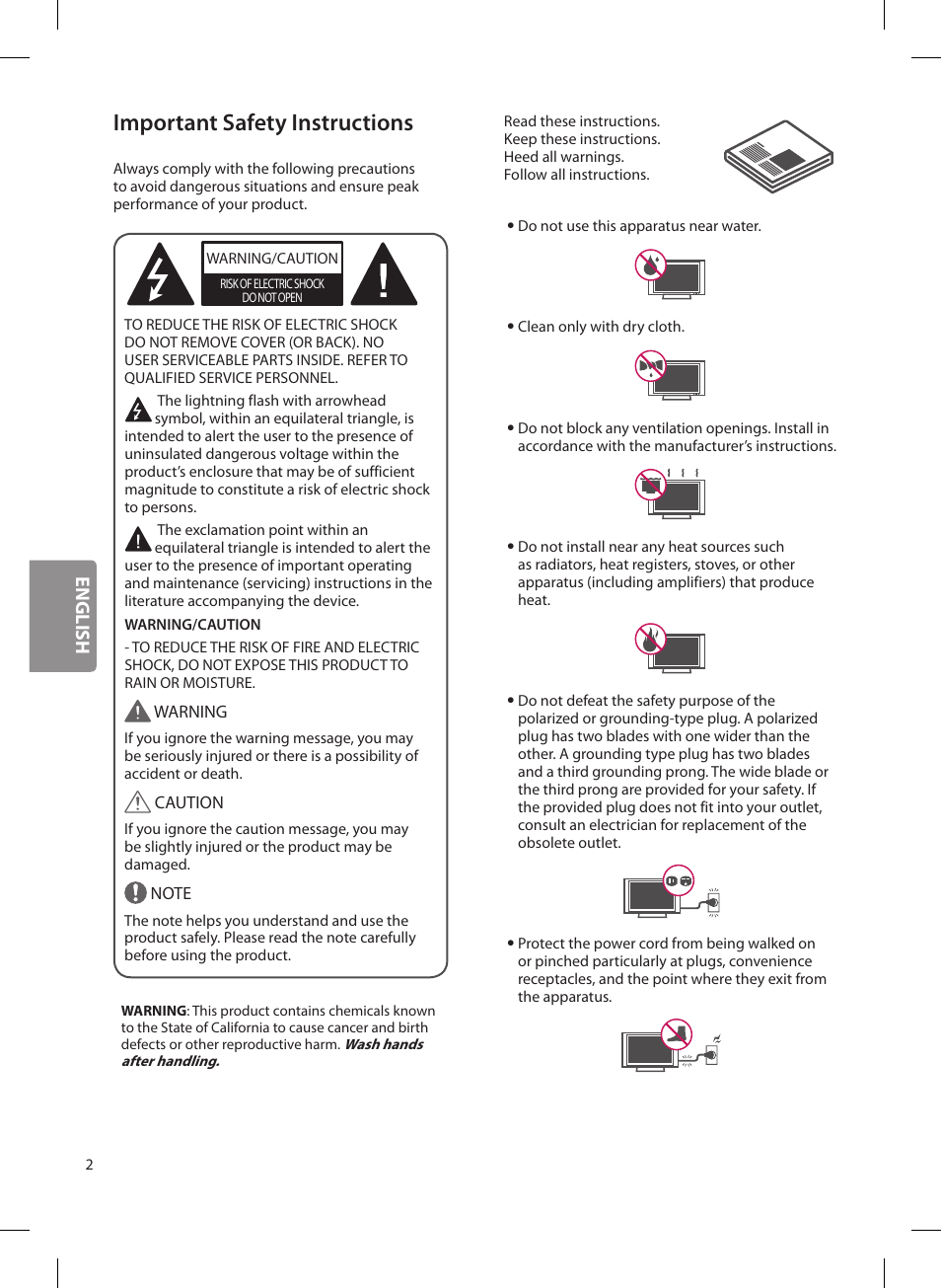 Important safety instructions, English | LG OLED65G6P User Manual