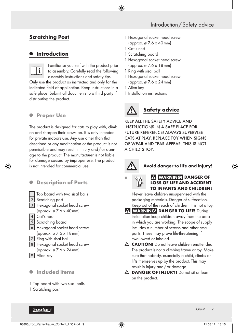 Introduction / safety advice, Scratching post, Introduction | Proper use, Description of parts, Included items, Safety advice | Zoofari Scratching Post Z30853 User Manual | Page 7 / 11
