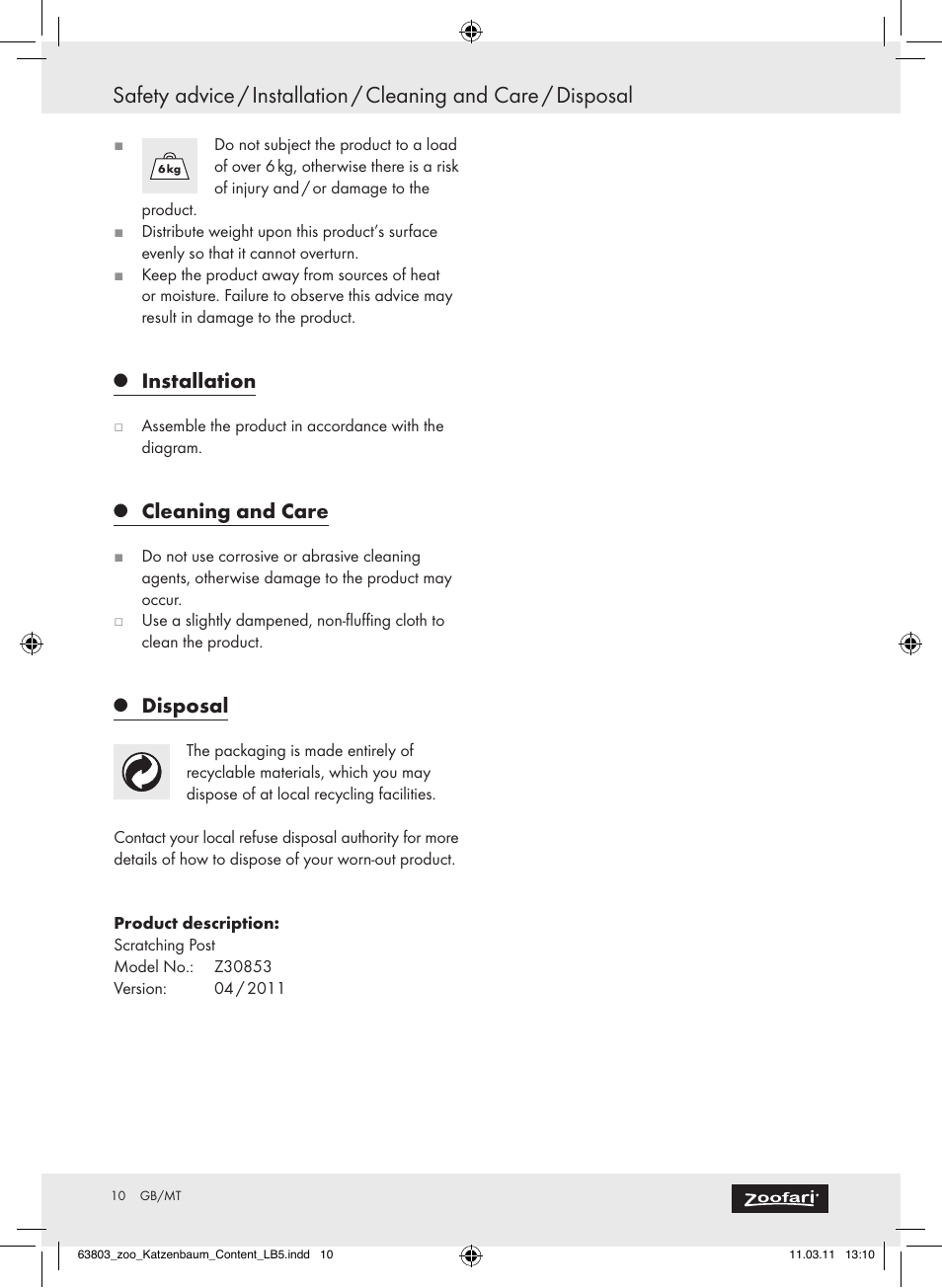 Installation, Cleaning and care, Disposal | Zoofari Scratching Post Z30853 User Manual | Page 8 / 11