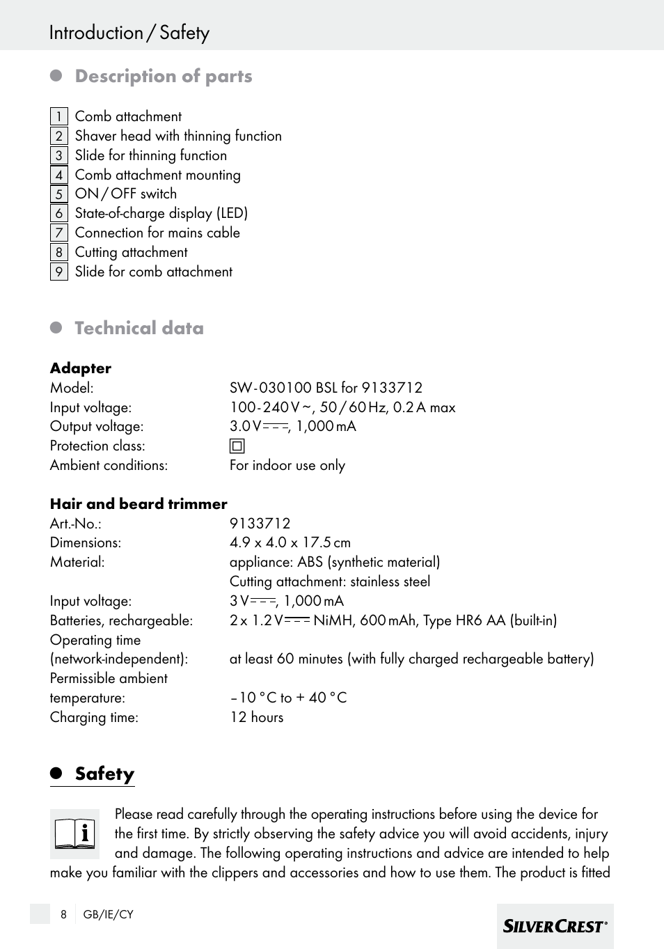 / safety, Description of parts, Technical | Silvercrest SHBS 600 User Manual | Page 8 / 33 Original mode