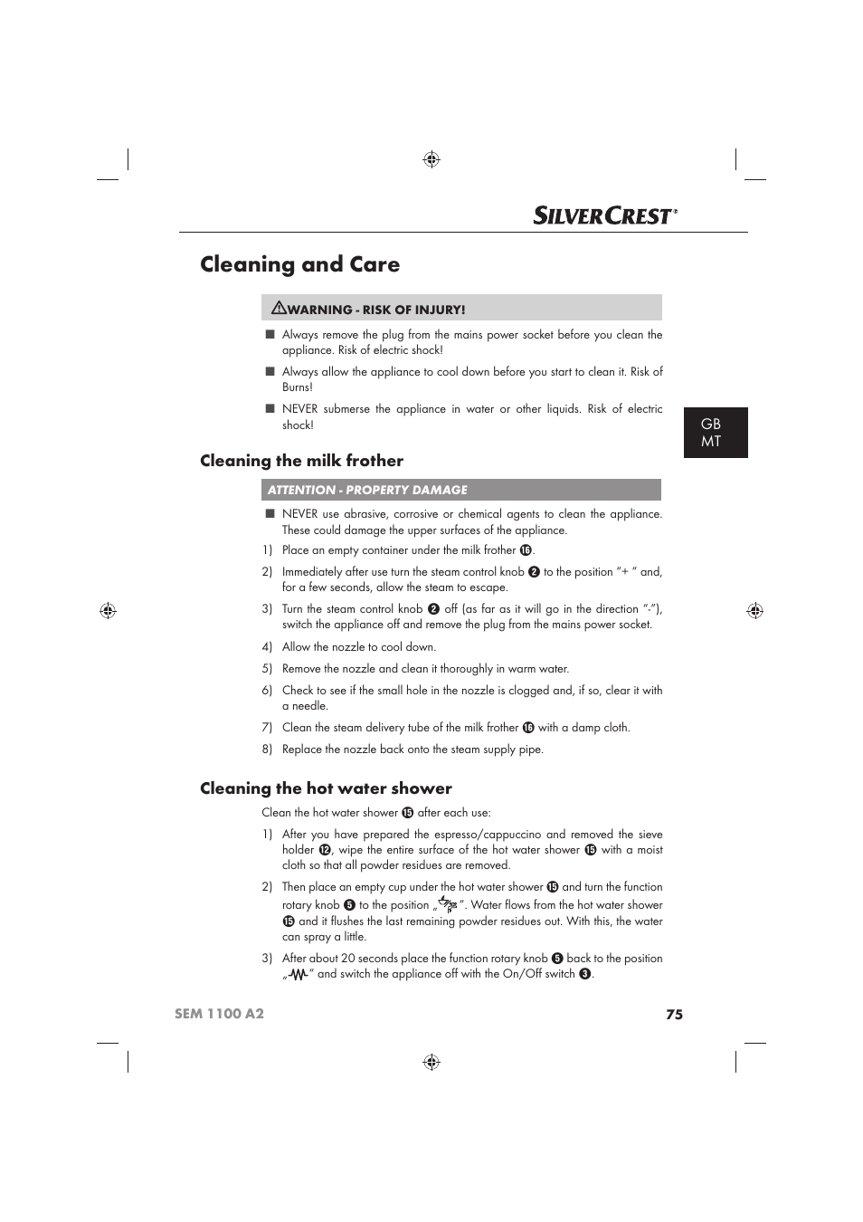Cleaning And Care Cleaning The Milk Frother Cleaning The Hot Water Shower Silvercrest Sem 1100 A2 User Manual Page 77 102 Original Mode