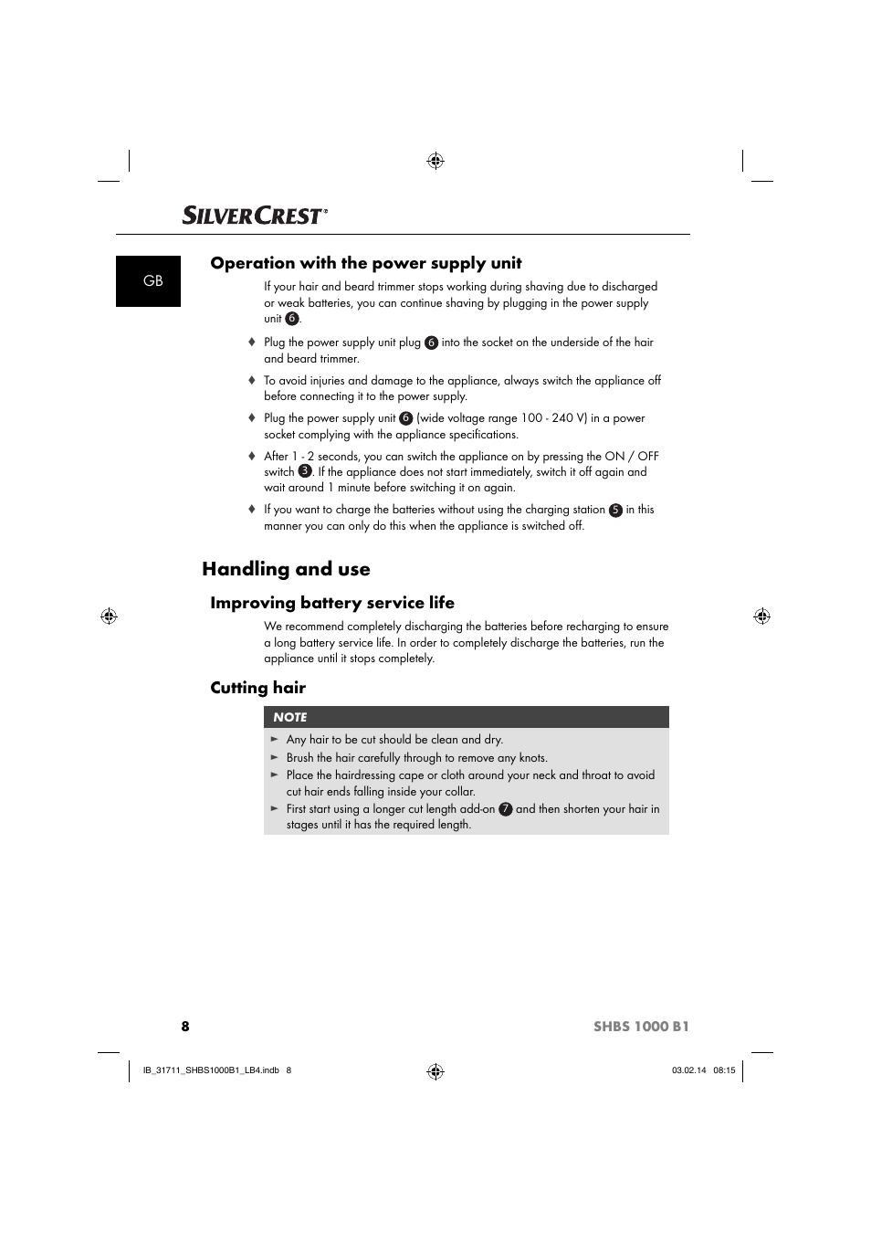 and use, Operation with the supply unit, Improving battery life | Silvercrest SHBS 1000 A1 User Manual | Page 11 /