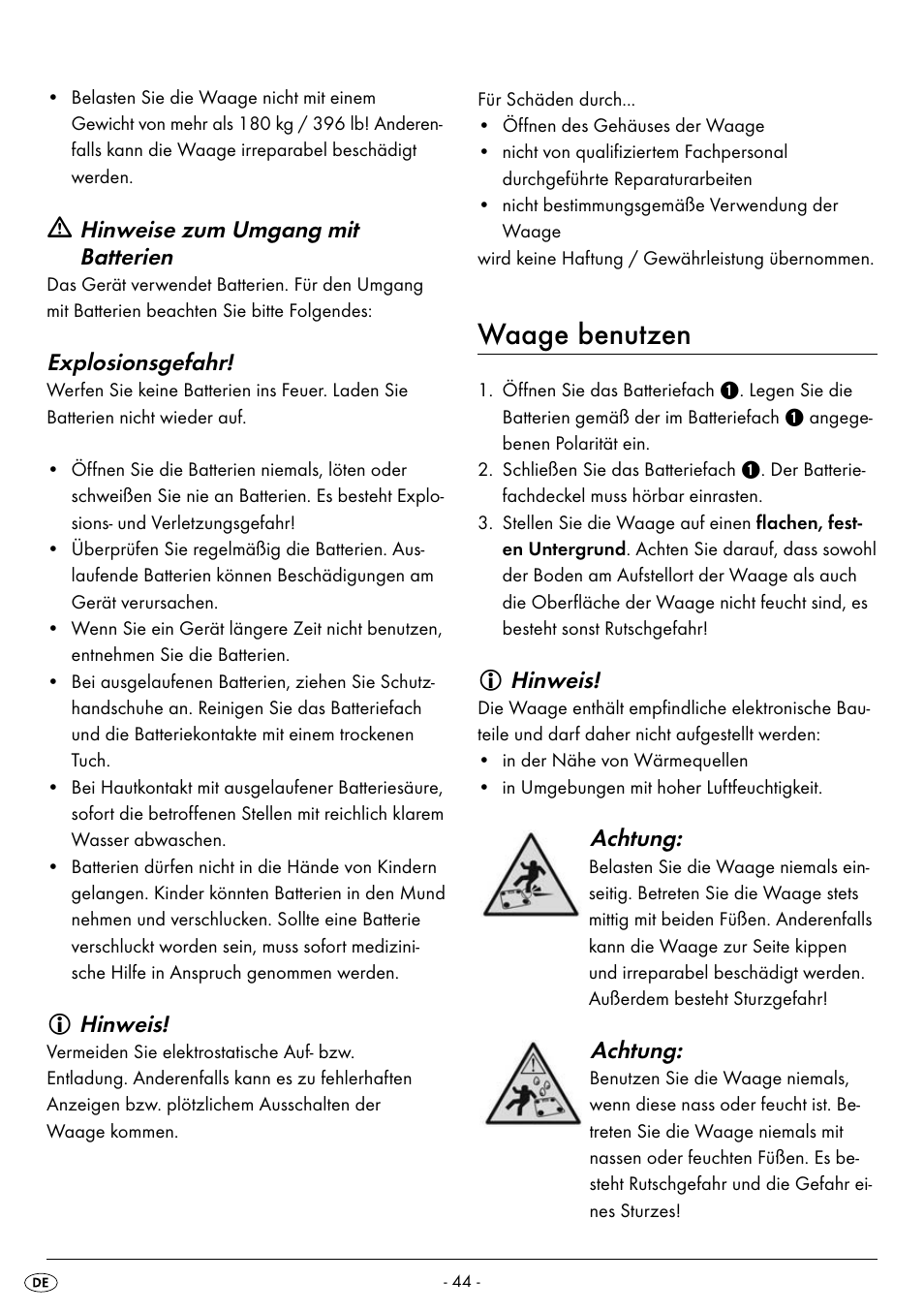 Waage Benutzen Hinweise Zum Umgang Mit Batterien Explosionsgefahr Silvercrest Spws 180 A1 User Manual Page 46 59 Original Mode