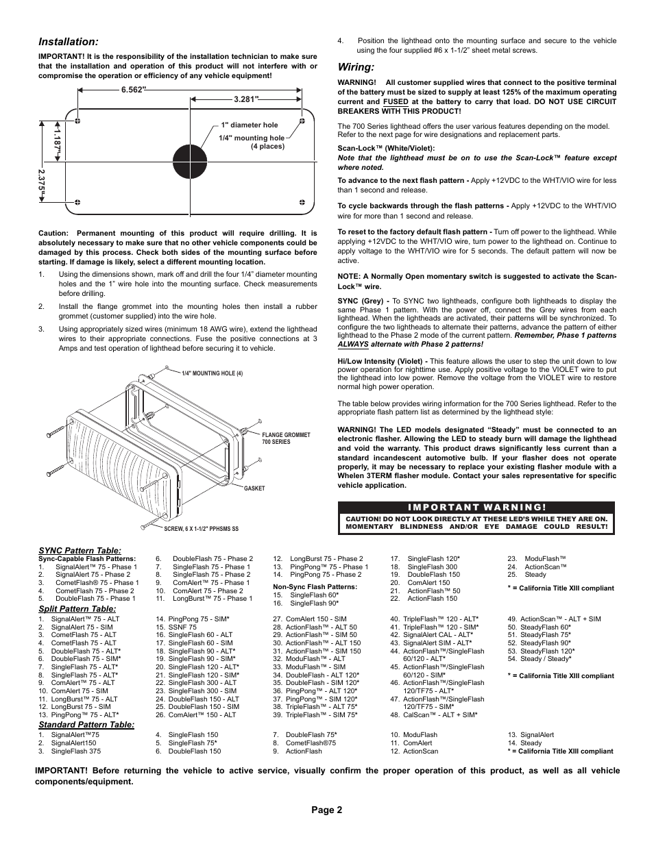 Installation, Wiring, Page 2 | Whelen 70A02SAR User Manual | Page 2 / 3