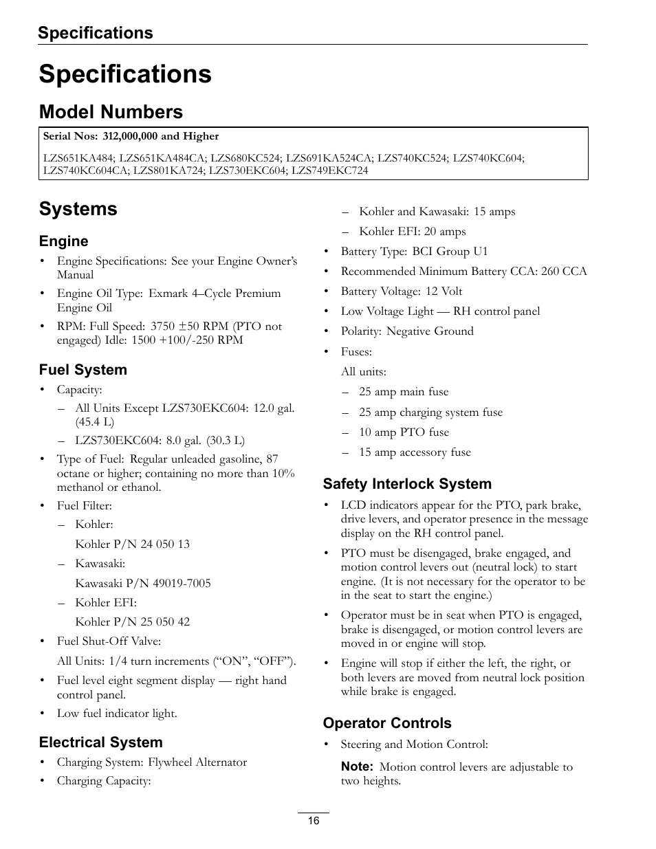 Specifications Model Numbers Systems Model Numbers Exmark Lazer Z S Series User Manual Page 16 60